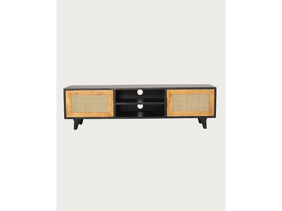 Noma - Mobile porta TV in legno, rattan e metallo nero.