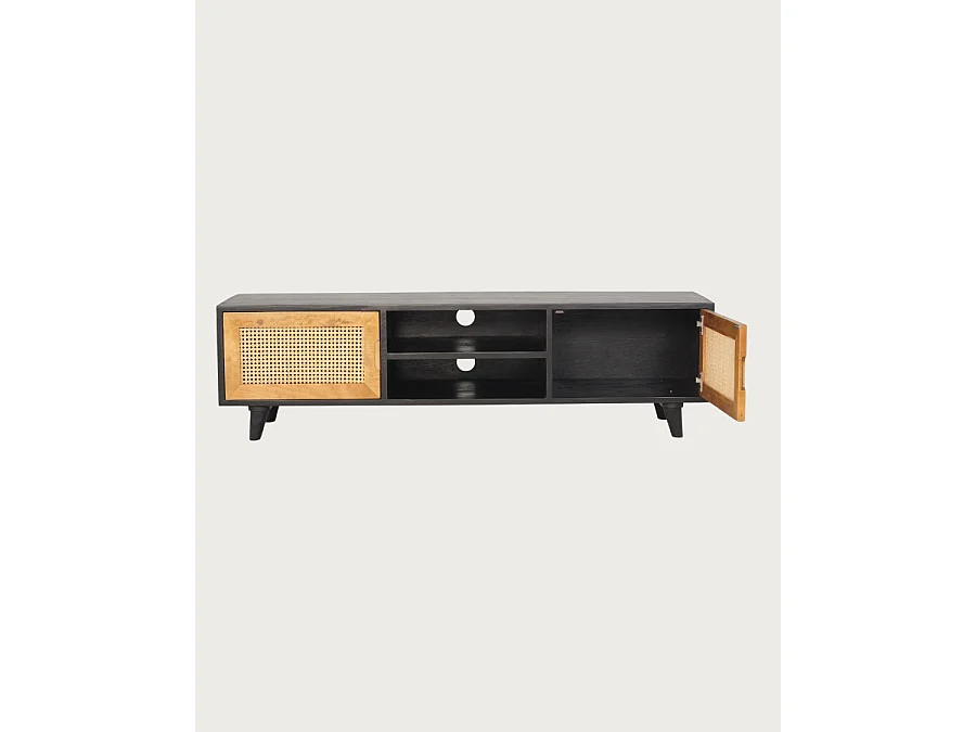 Noma - Mobile porta TV in legno, rattan e metallo nero.