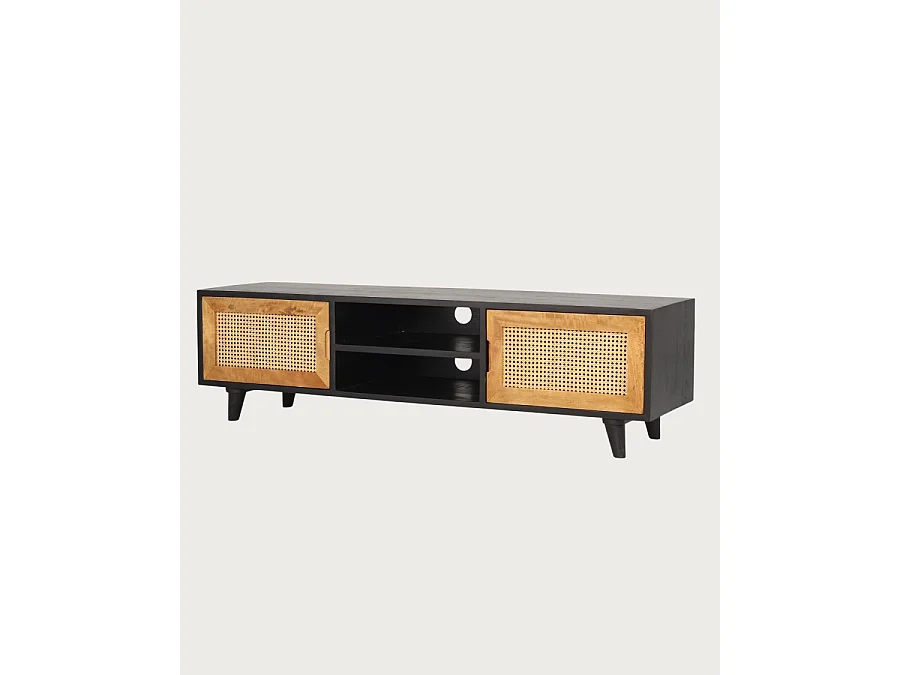 Noma - Mobile porta TV in legno, rattan e metallo nero.