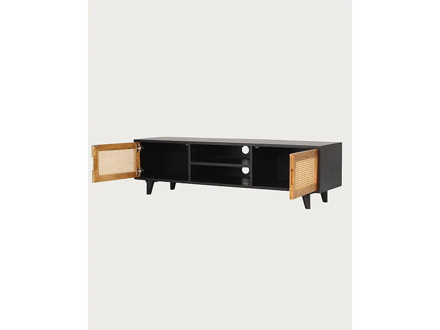 Noma - Mobile porta TV in legno, rattan e metallo nero.