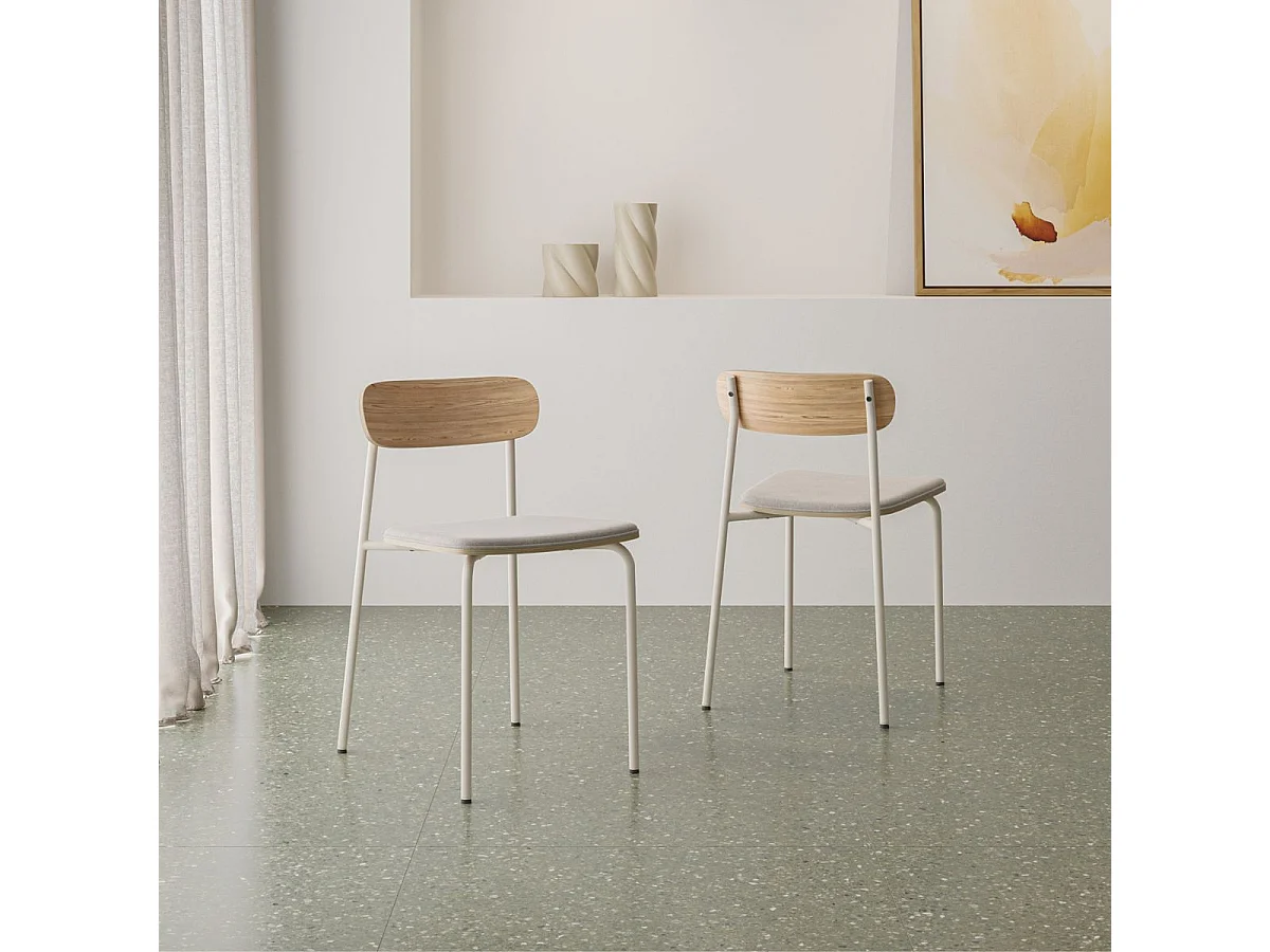 Lot de 6 chaises dossier bois assise tissu beige et pieds métal blanc - RIDILA