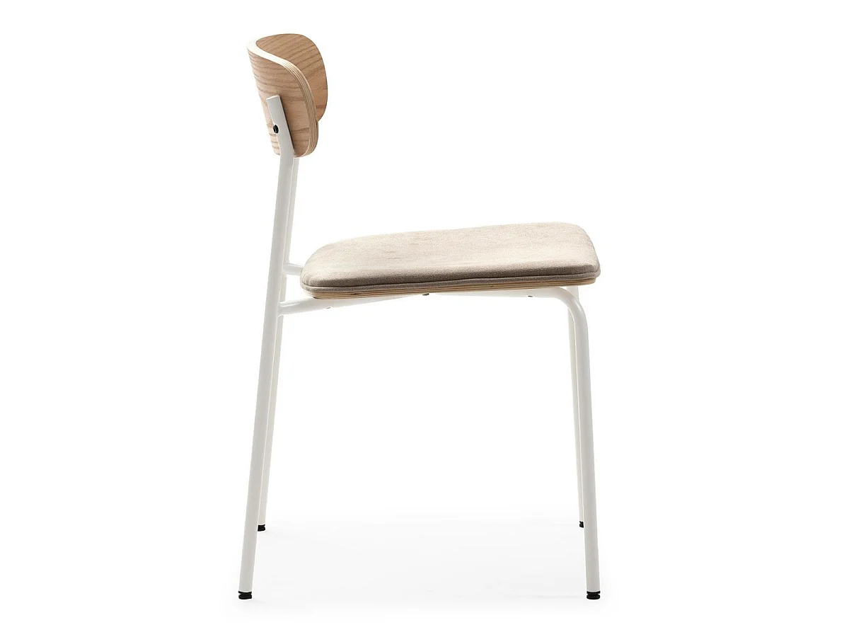 Lot de 6 chaises dossier bois assise tissu beige et pieds métal blanc - RIDILA