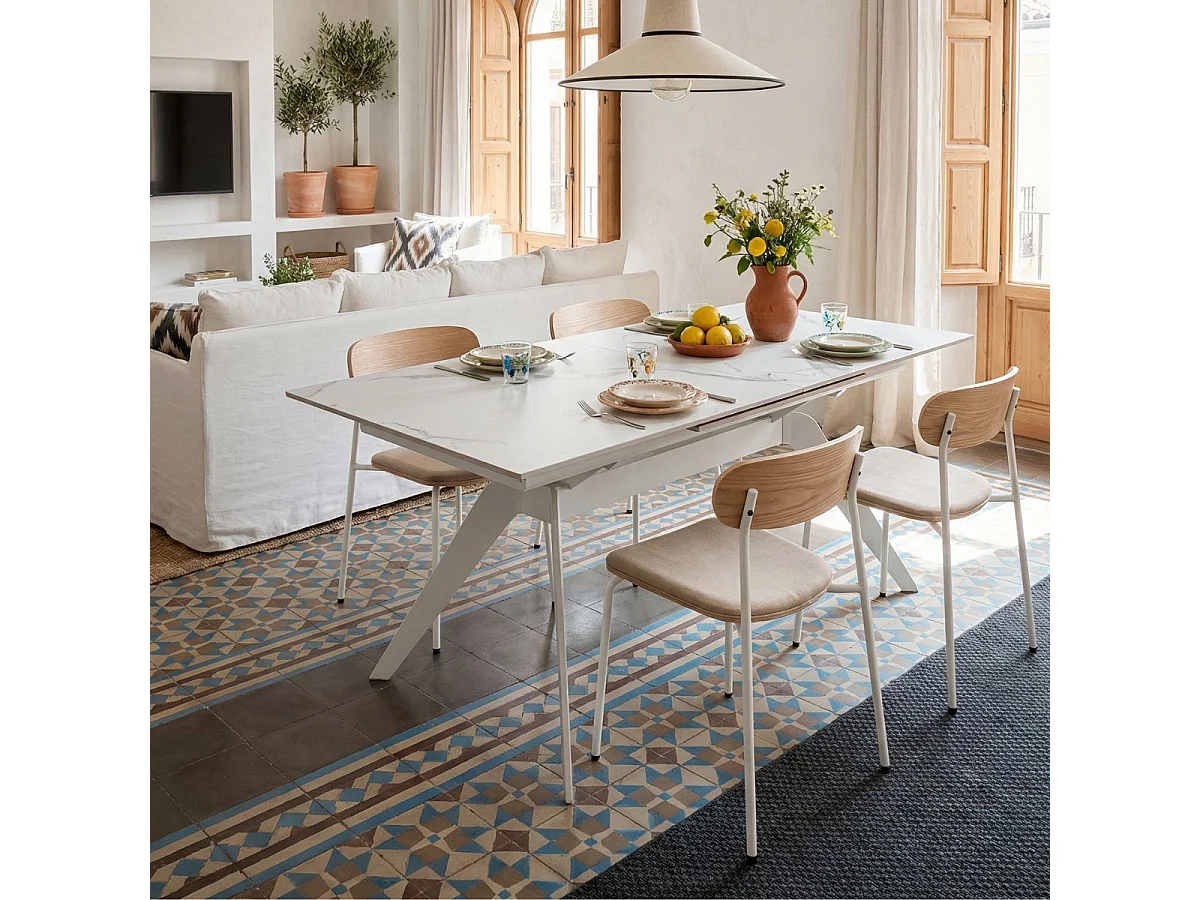 Lot de 6 chaises dossier bois assise tissu beige et pieds métal blanc - RIDILA
