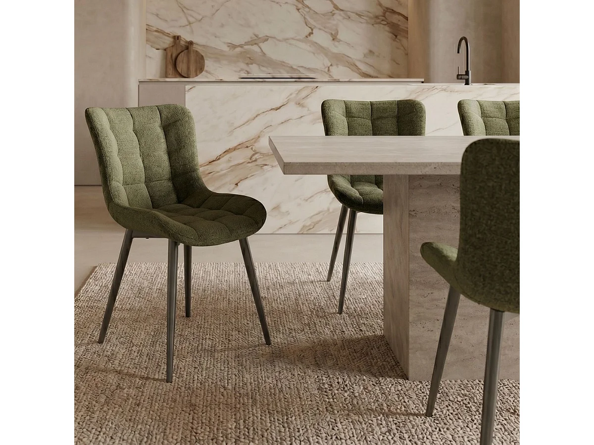 Lot de 4 chaises en tissu maille avec surpiqûres et pieds métal vert - RIBEL