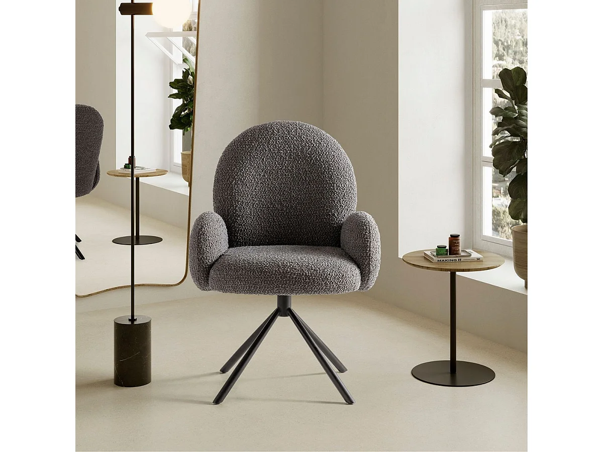 Lot de 2 chaises pivotantes tissu bouclettes gris foncé pied métal noir - MORENO
