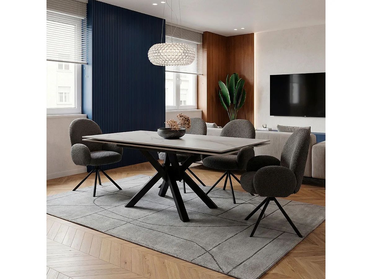 Lot de 4 chaises pivotantes tissu bouclettes gris foncé pied métal noir - MORENO