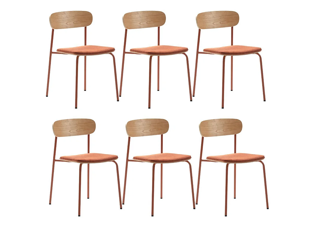Lot de 6 chaises dossier bois assise tissu et pieds métal brique - RIDILA