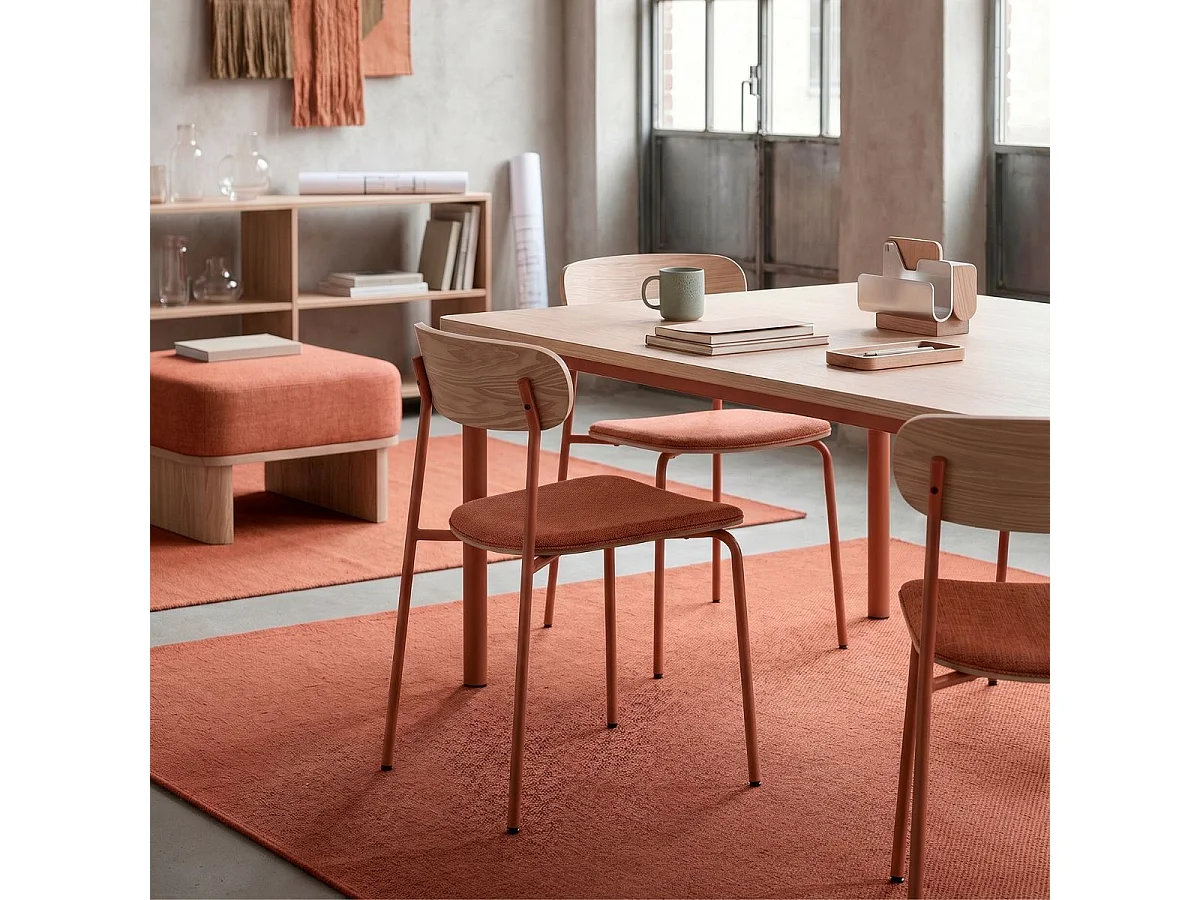 Lot de 6 chaises dossier bois assise tissu et pieds métal brique - RIDILA