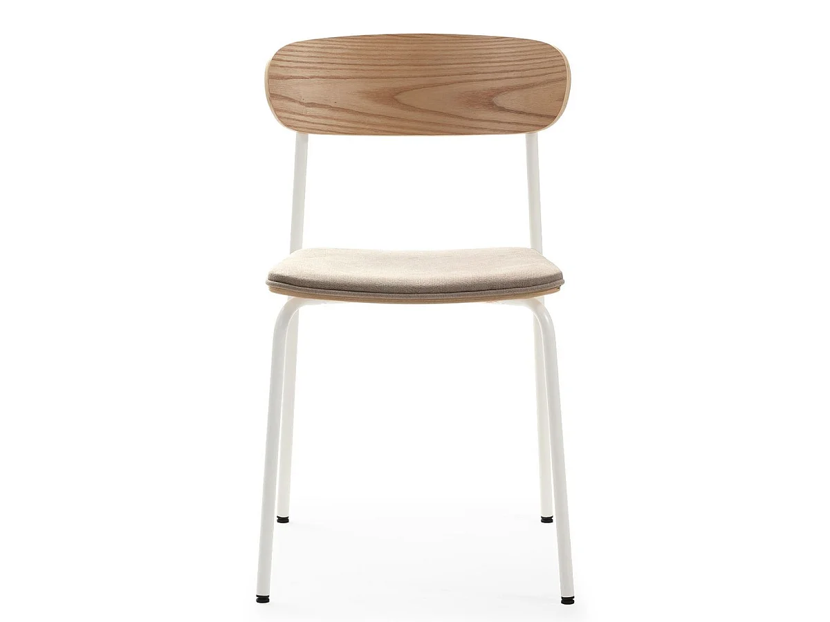 Lot de 2 chaises dossier bois assise tissu beige et pieds métal blanc - RIDILA