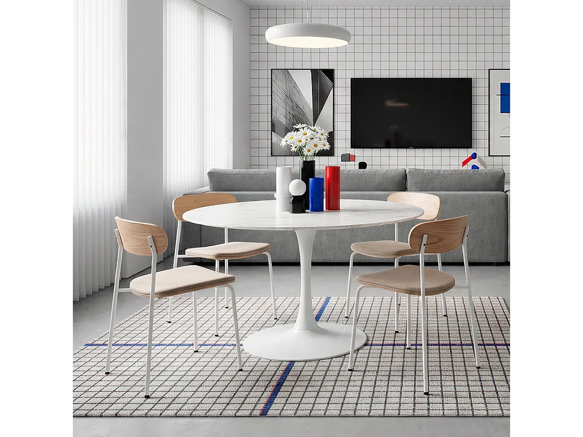 Lot de 2 chaises dossier bois assise tissu beige et pieds métal blanc - RIDILA