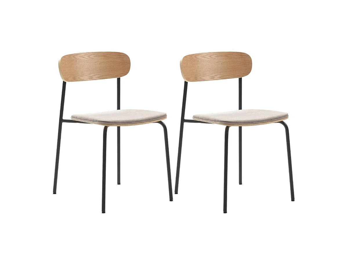 Lot de 2 chaises dossier bois assise tissu taupe et pieds métal noir - RIDILA