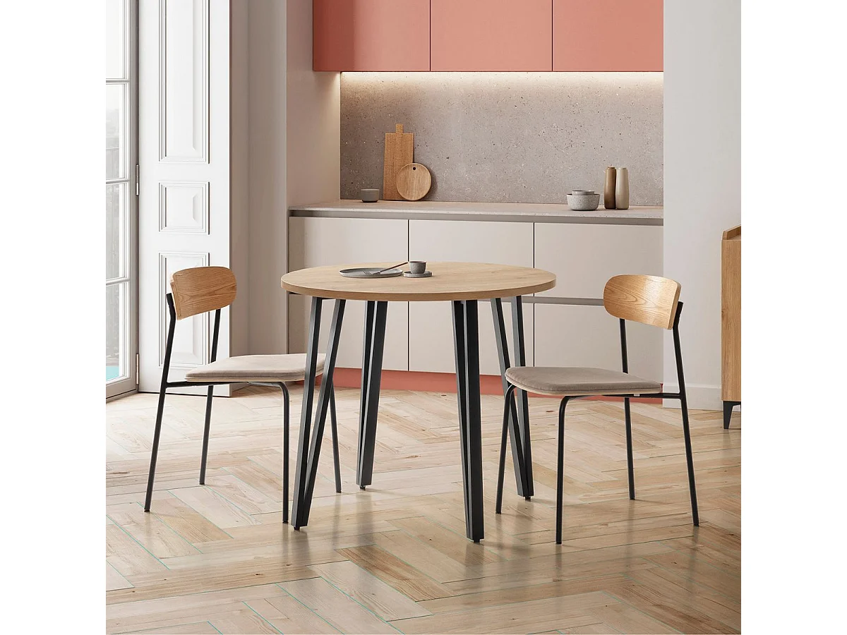 Lot de 2 chaises dossier bois assise tissu taupe et pieds métal noir - RIDILA