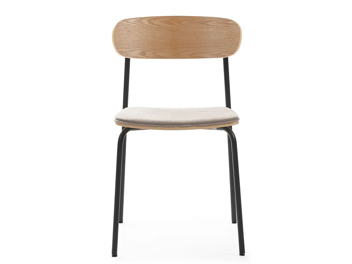 Lot de 2 chaises dossier bois assise tissu taupe et pieds métal noir - RIDILA