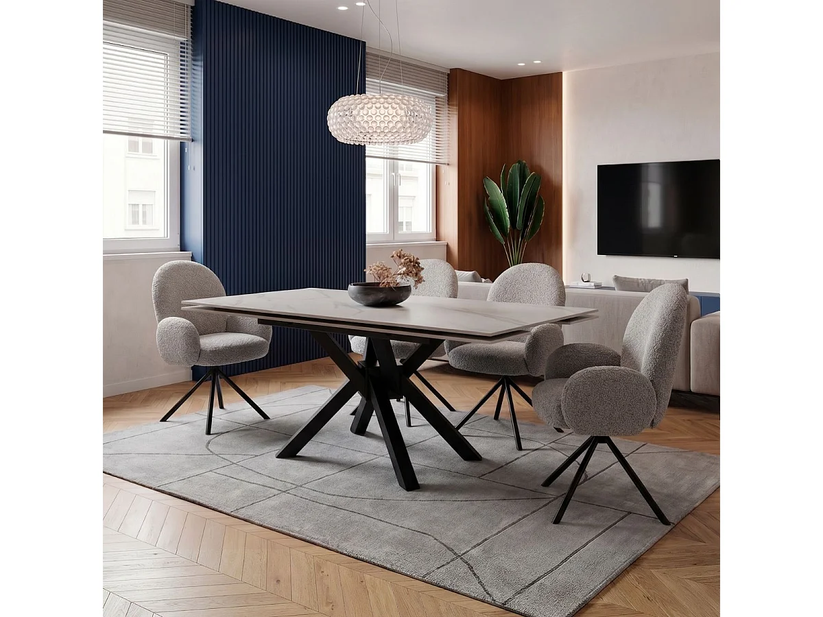 Lot de 4 chaises pivotantes tissu bouclettes gris clair pied métal noir - MORENO