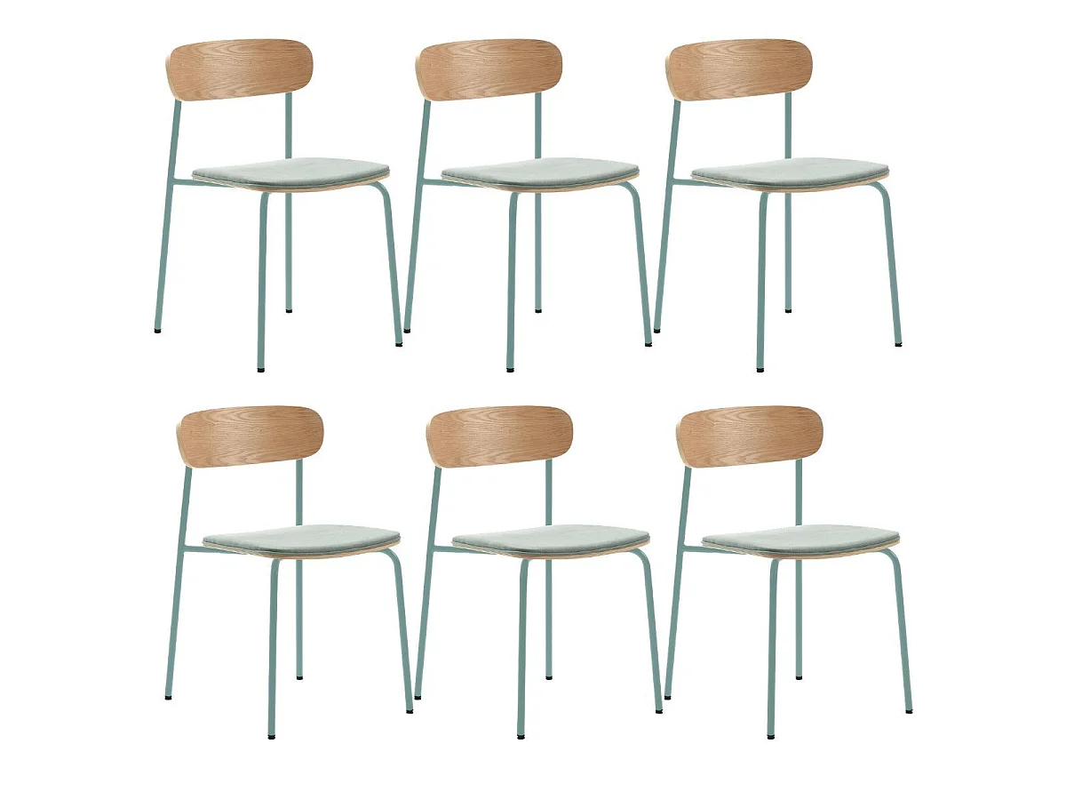 Lot de 6 chaises dossier bois assise tissu et pieds métal aigue-marine - RIDILA