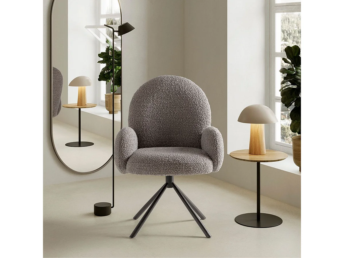 Chaise pivotante tissu bouclettes gris clair pied métal noir - MORENO