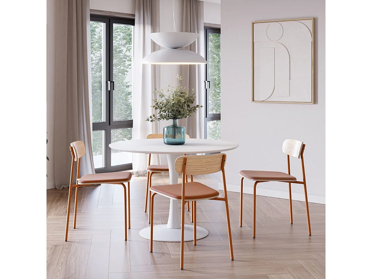 Lot de 4 chaises dossier bois assise tissu et pieds métal brique - RIDILA