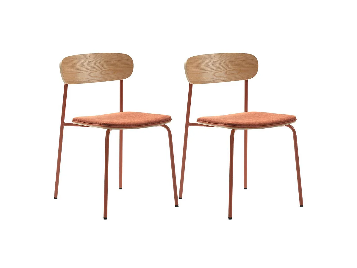 Lot de 2 chaises dossier bois assise tissu et pieds métal brique - RIDILA