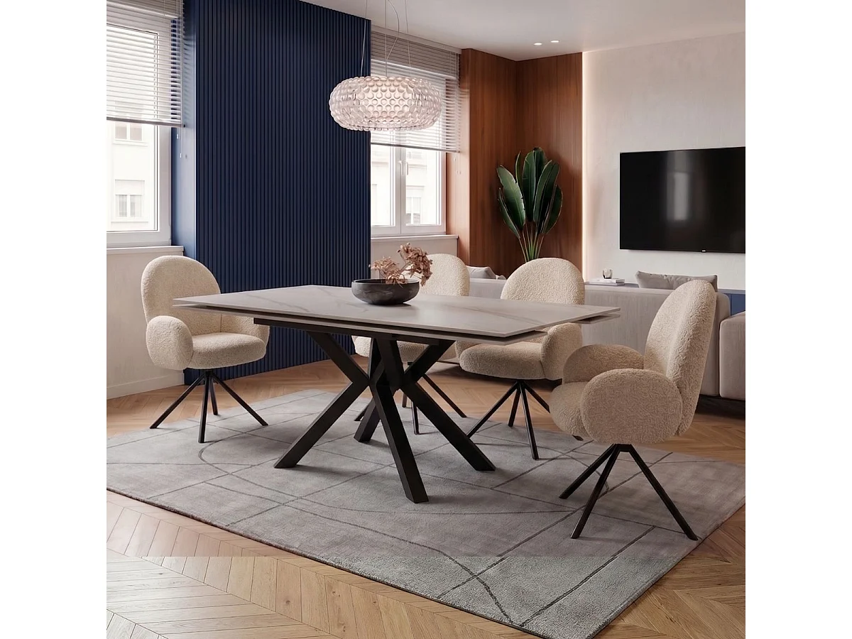 Chaise pivotante tissu bouclettes crème pied métal noir - MORENO