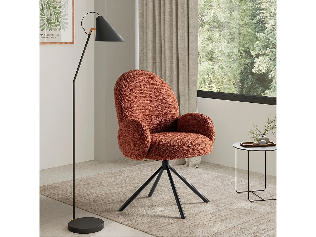 Lot de 2 chaises pivotantes tissu bouclettes brique pied métal noir - MORENO