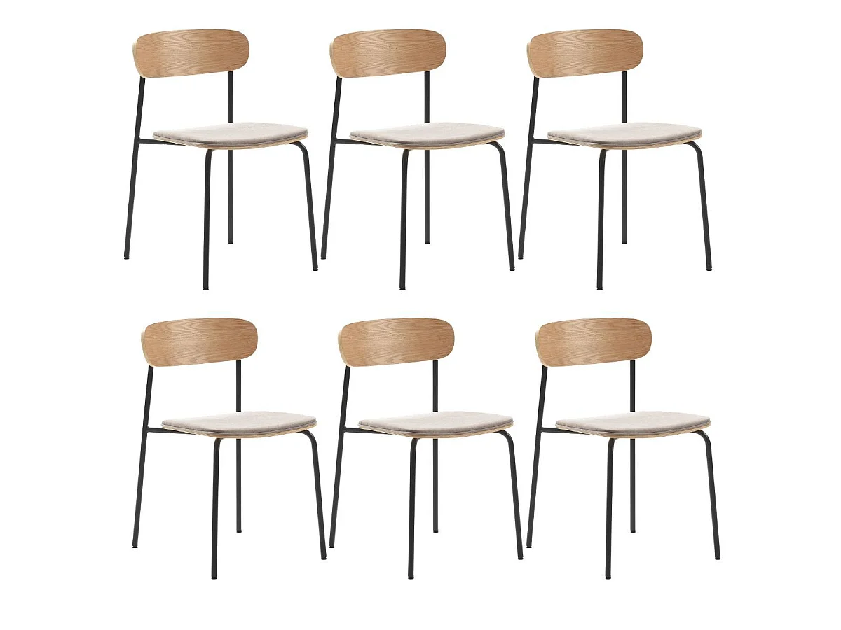 Lot de 6 chaises dossier bois assise tissu taupe et pieds métal noir - RIDILA