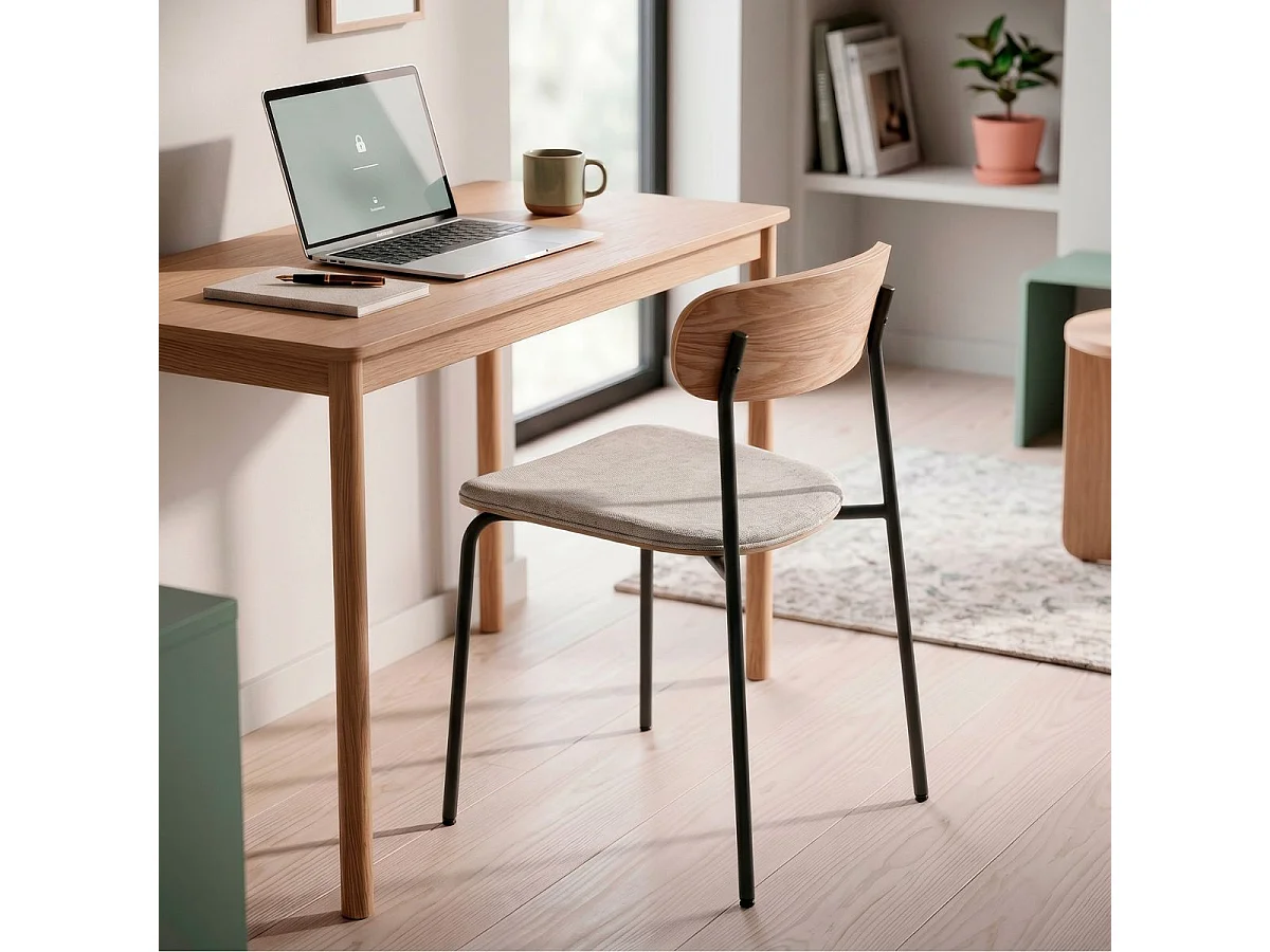 Lot de 6 chaises dossier bois assise tissu taupe et pieds métal noir - RIDILA