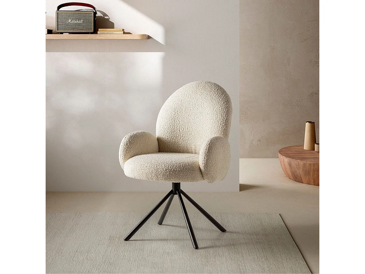 Lot de 4 chaises pivotantes tissu bouclettes crème pied métal noir - MORENO