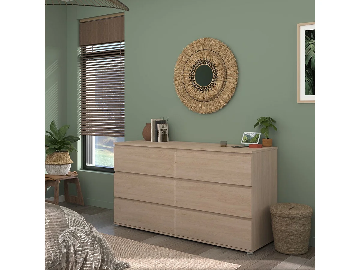 Commode 6 tiroirs en mélaminé aspect bois sans poignées - NELIO CHENE