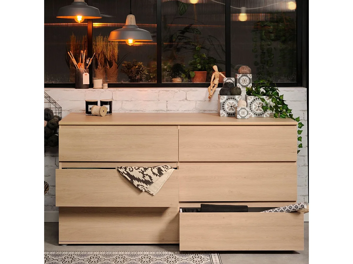 Commode 6 tiroirs en mélaminé aspect bois sans poignées - NELIO CHENE