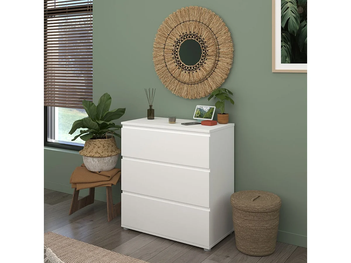 Commode 3 tiroirs en mélaminé blanc sans poignées - NELIO BLANC