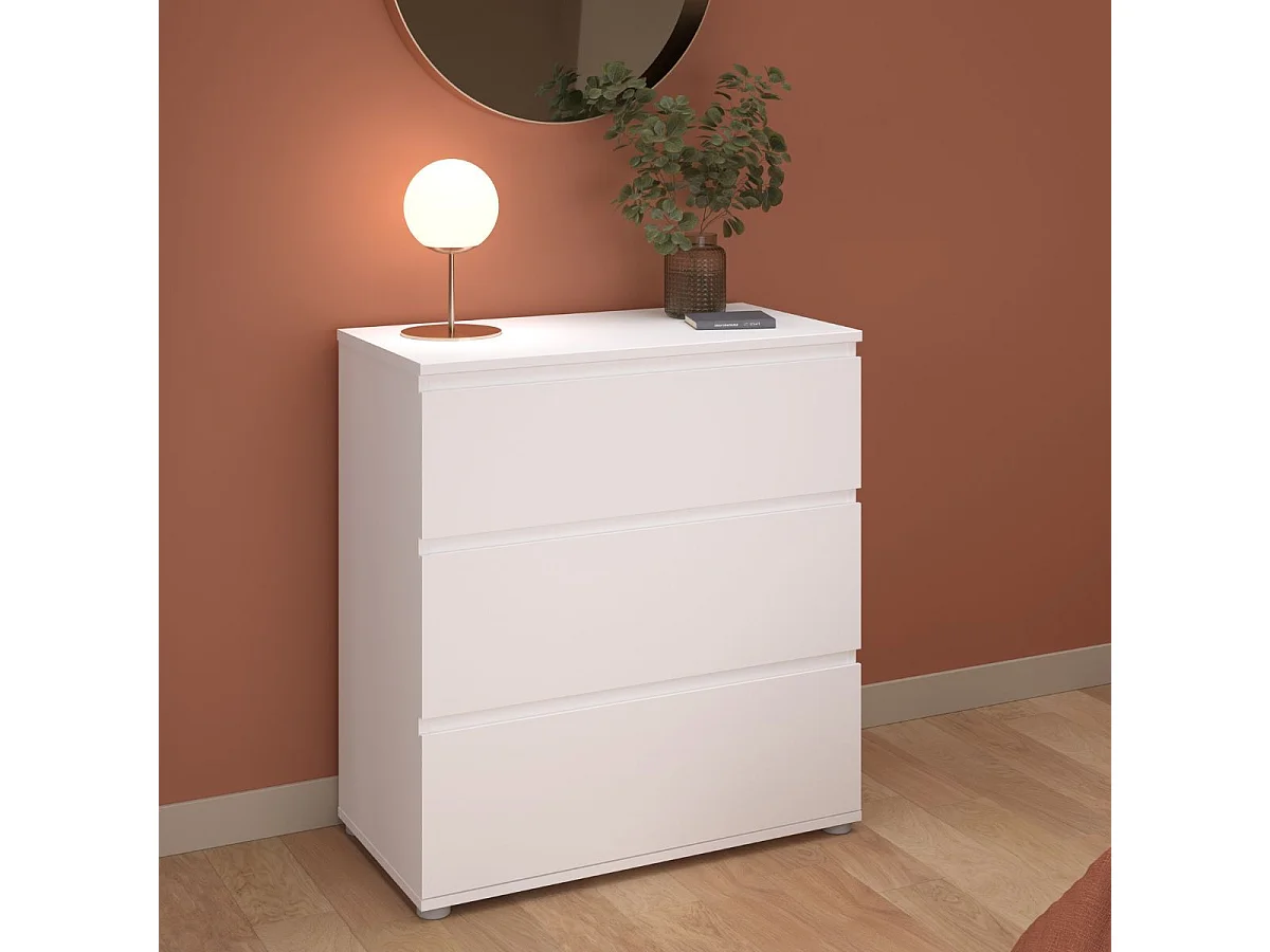 Commode 3 tiroirs en mélaminé blanc sans poignées - NELIO BLANC