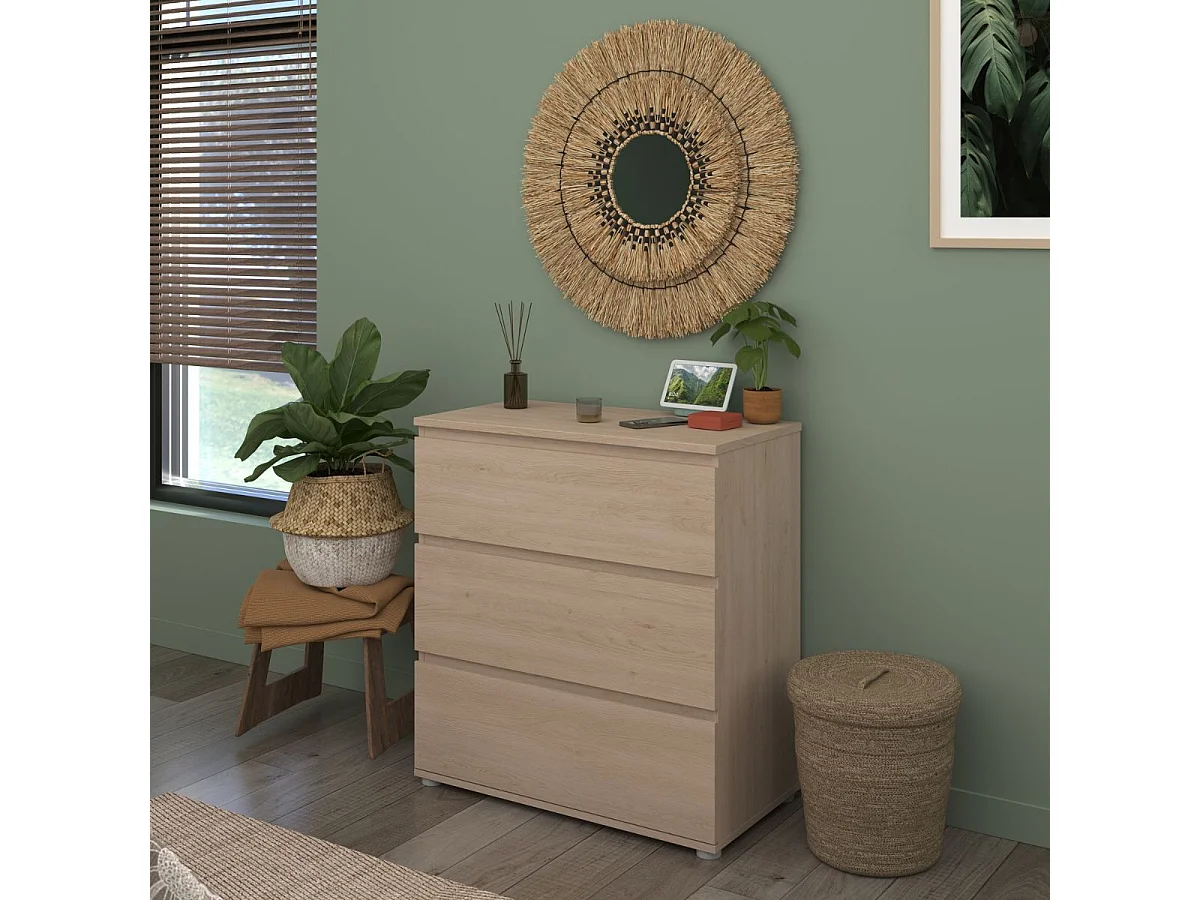 Commode 3 tiroirs en mélaminé aspect bois sans poignées - NELIO CHENE