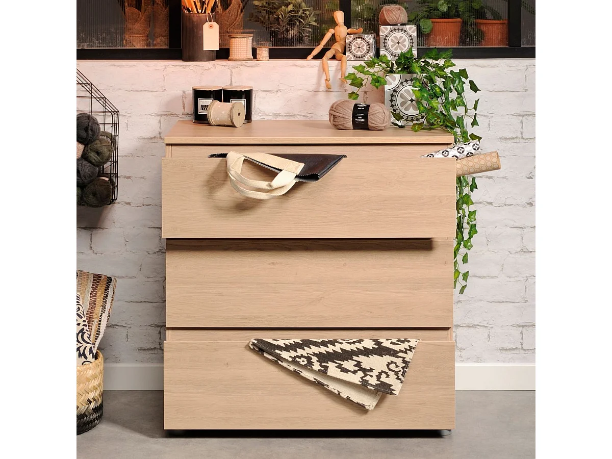 Commode 3 tiroirs en mélaminé aspect bois sans poignées - NELIO CHENE