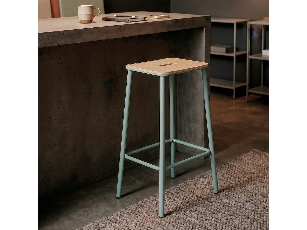 Lot de 4 tabourets de bar H65cm en bois naturel pied en métal aigue-marine - BAHIA