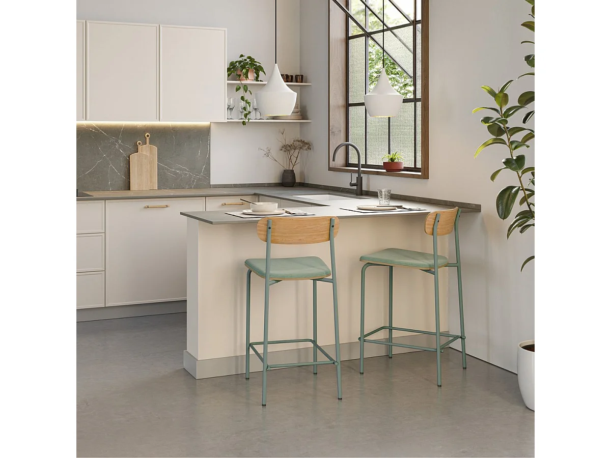 Lot de 2 tabourets de bar dossier bois assise tissu et pieds métal aigue-marine - RIDILA