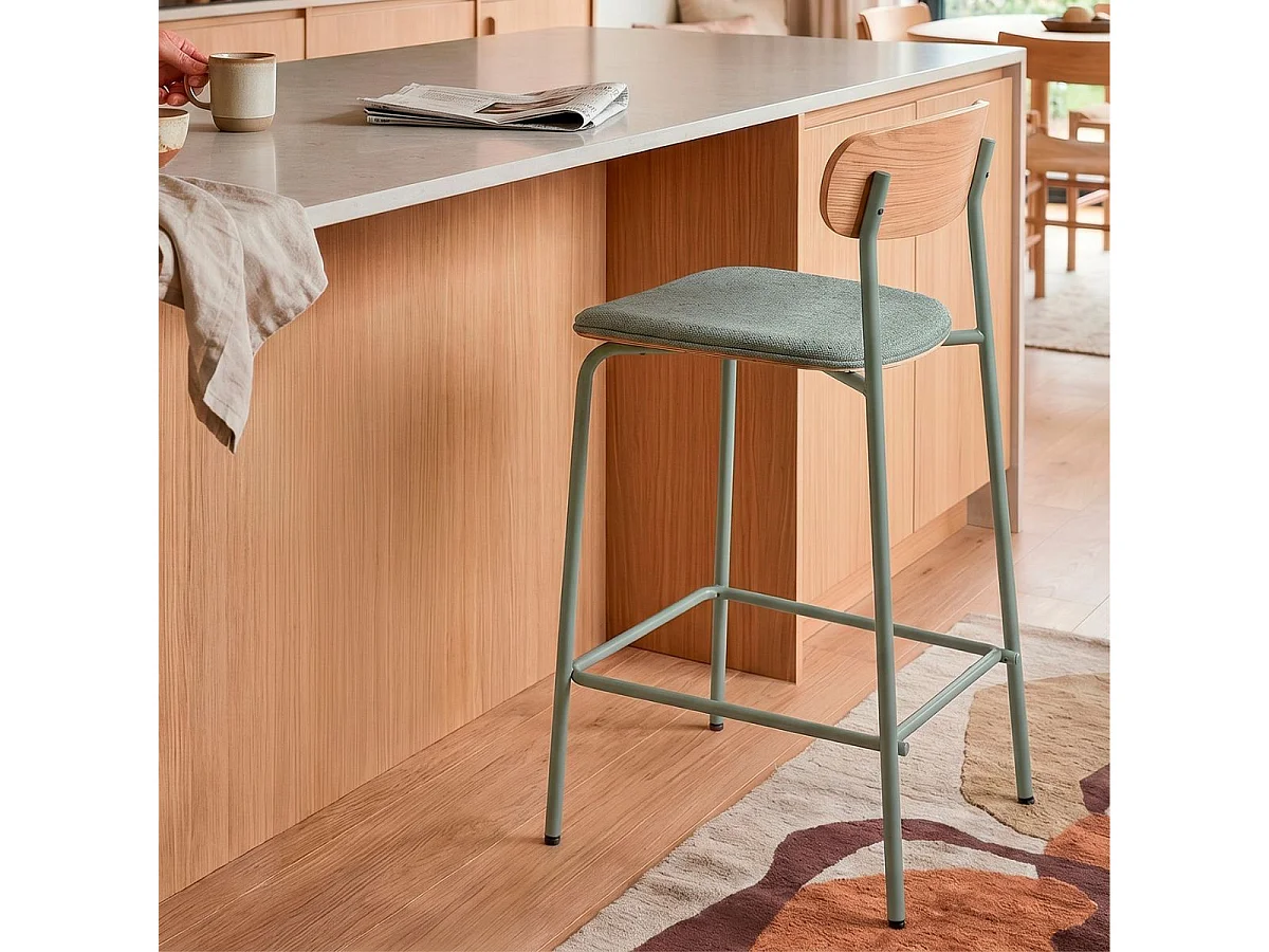 Lot de 2 tabourets de bar dossier bois assise tissu et pieds métal aigue-marine - RIDILA