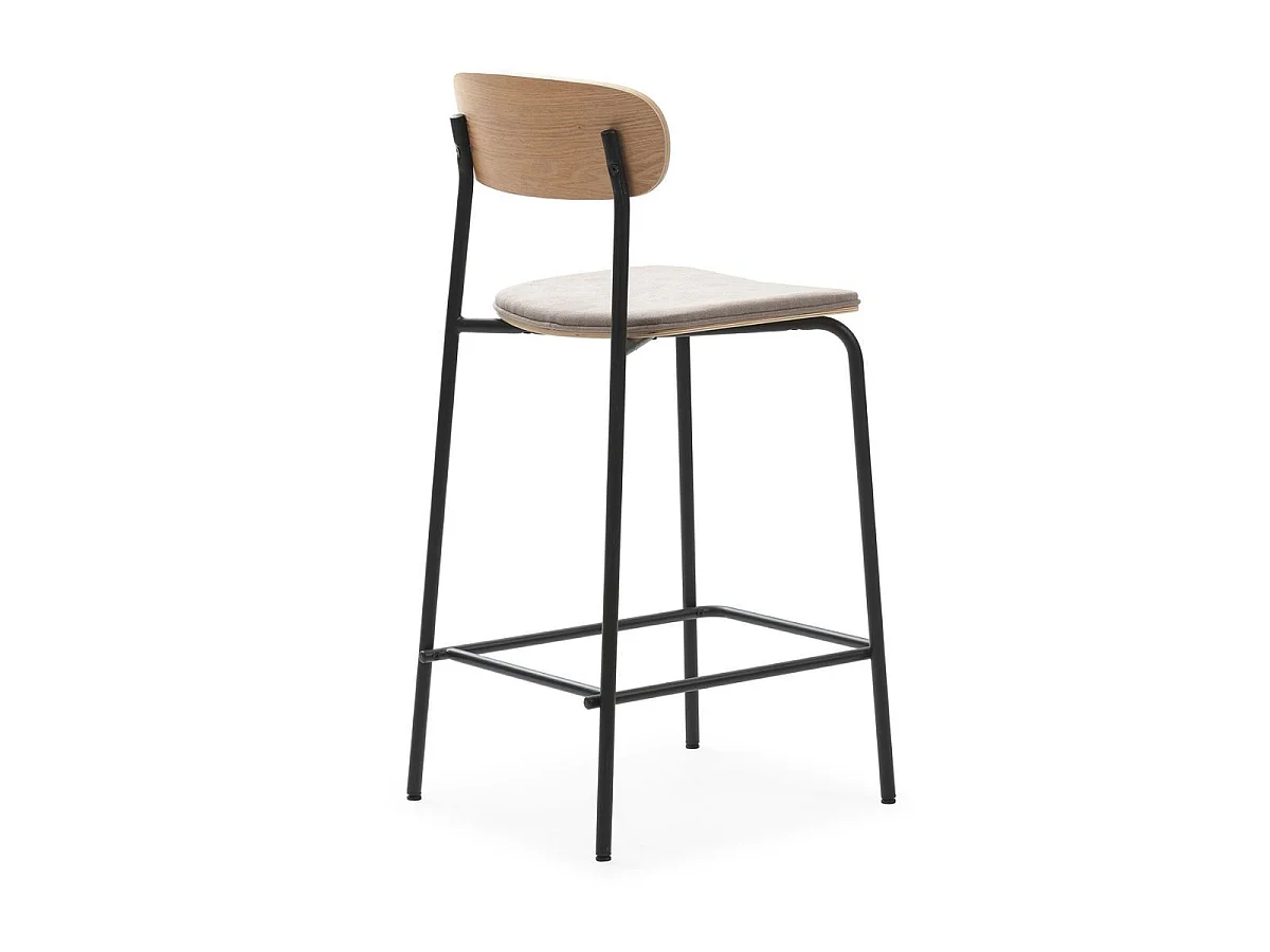 Lot de 4 tabourets de bar dossier bois assise tissu taupe et pieds métal noir - RIDILA