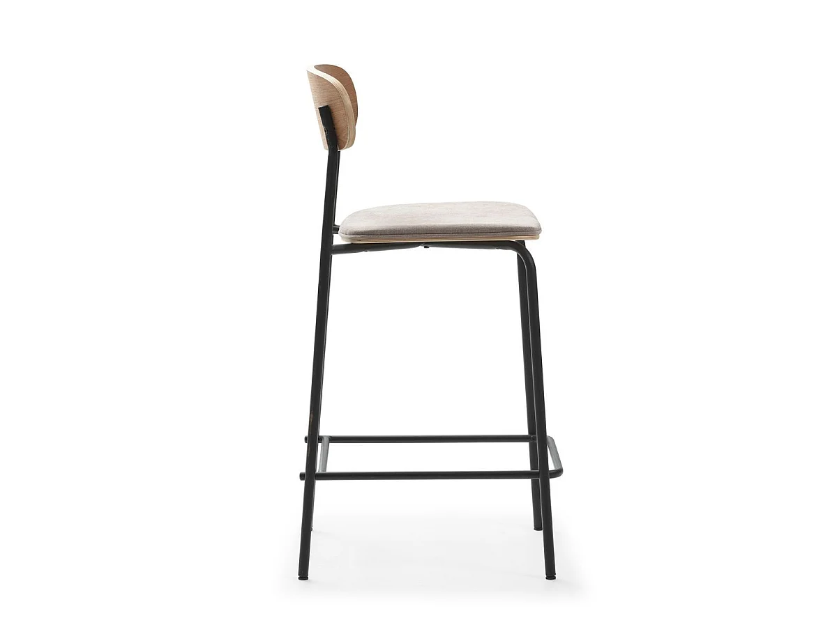 Lot de 4 tabourets de bar dossier bois assise tissu taupe et pieds métal noir - RIDILA