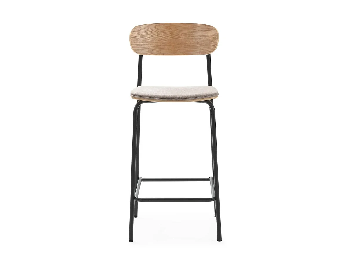 Lot de 4 tabourets de bar dossier bois assise tissu taupe et pieds métal noir - RIDILA