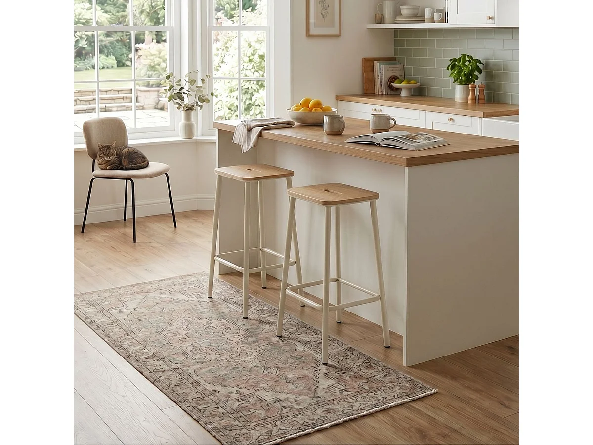 Lot de 4 tabourets de bar H65cm en bois naturel pied en métal beige - BAHIA