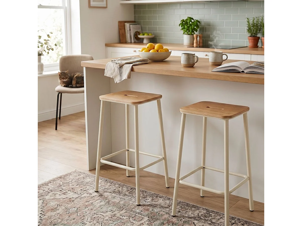 Lot de 4 tabourets de bar H65cm en bois naturel pied en métal beige - BAHIA