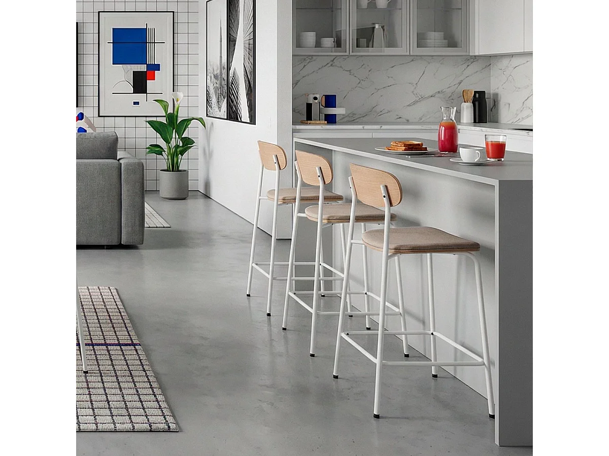 Lot de 4 tabourets de bar dossier bois assise tissu beige et pieds métal blanc - RIDILA