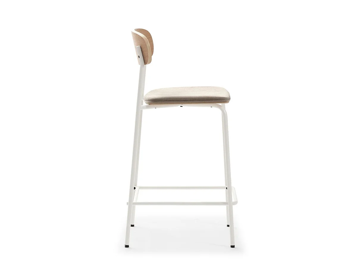 Lot de 4 tabourets de bar dossier bois assise tissu beige et pieds métal blanc - RIDILA