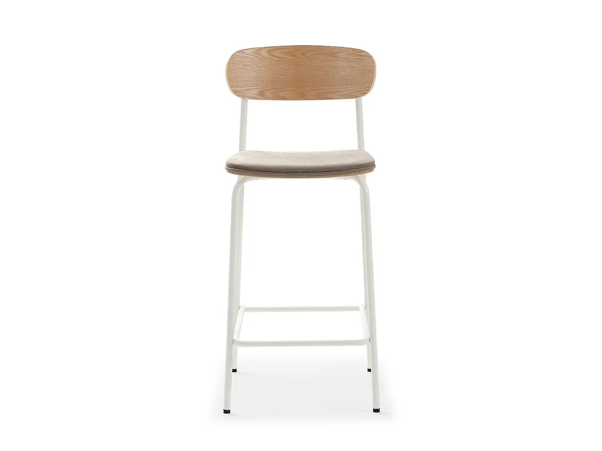 Lot de 4 tabourets de bar dossier bois assise tissu beige et pieds métal blanc - RIDILA