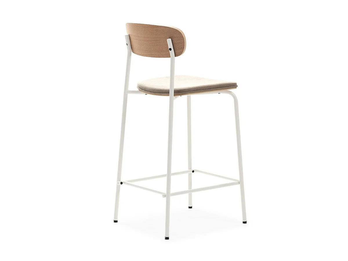 Lot de 2 tabourets de bar dossier bois assise tissu beige et pieds métal blanc - RIDILA