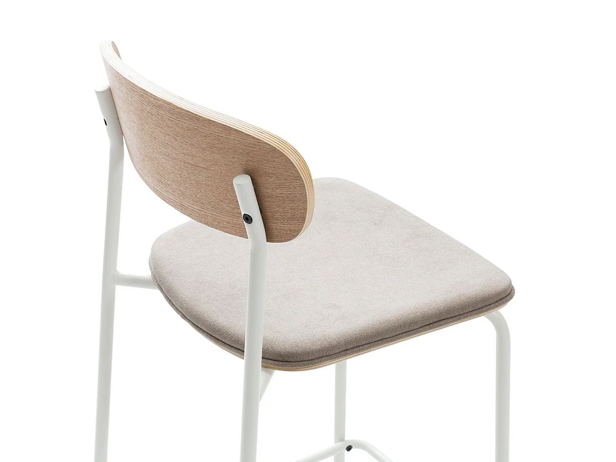 Lot de 2 tabourets de bar dossier bois assise tissu beige et pieds métal blanc - RIDILA