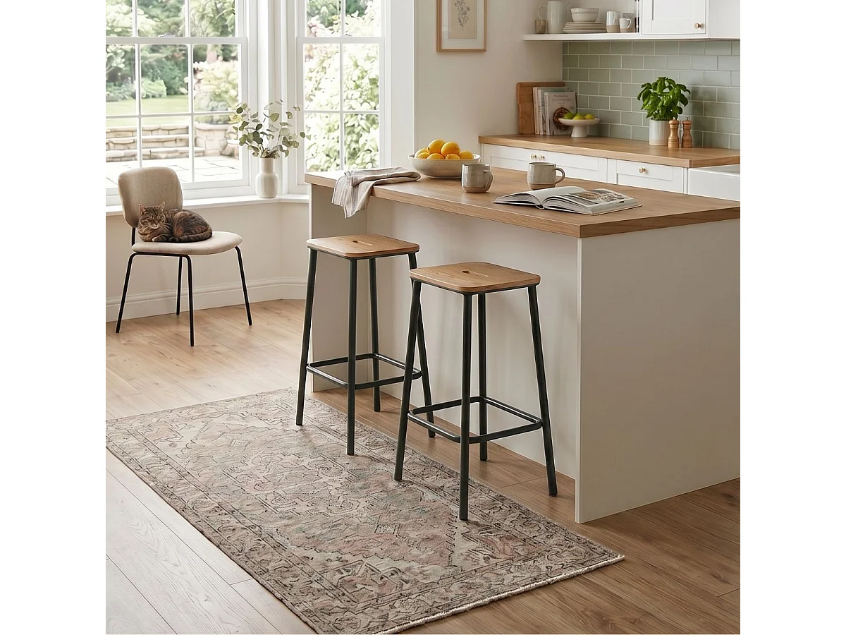 Lot de 4 tabourets de bar H65cm en bois naturel pied en métal noir - BAHIA