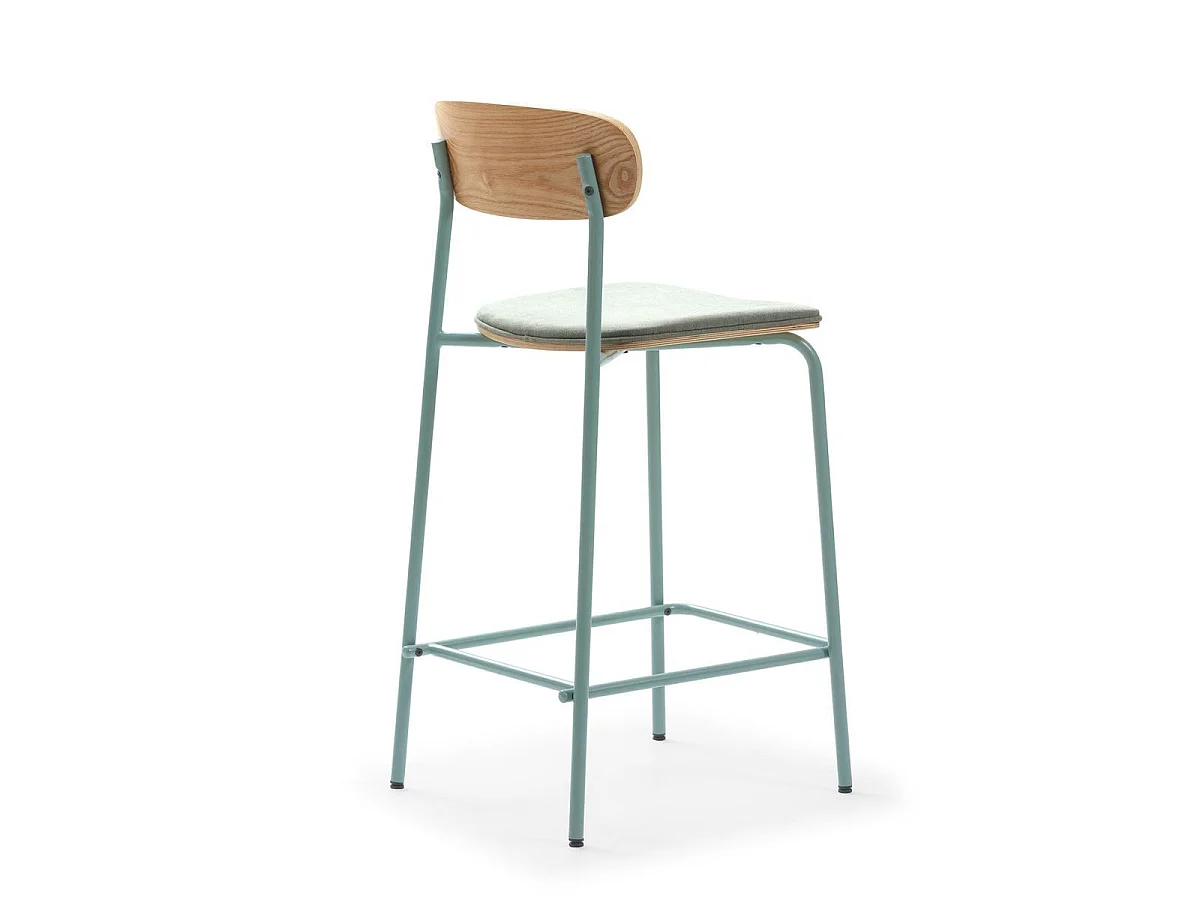 Lot de 4 tabourets de bar dossier bois assise tissu et pieds métal aigue-marine - RIDILA