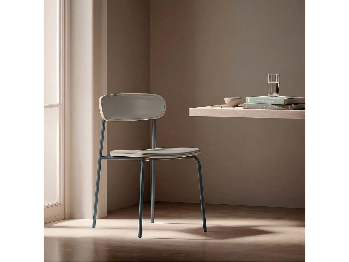Lot de 4 chaises structure métal bleu foncé assise et dossier bois et PU beige - LAURA