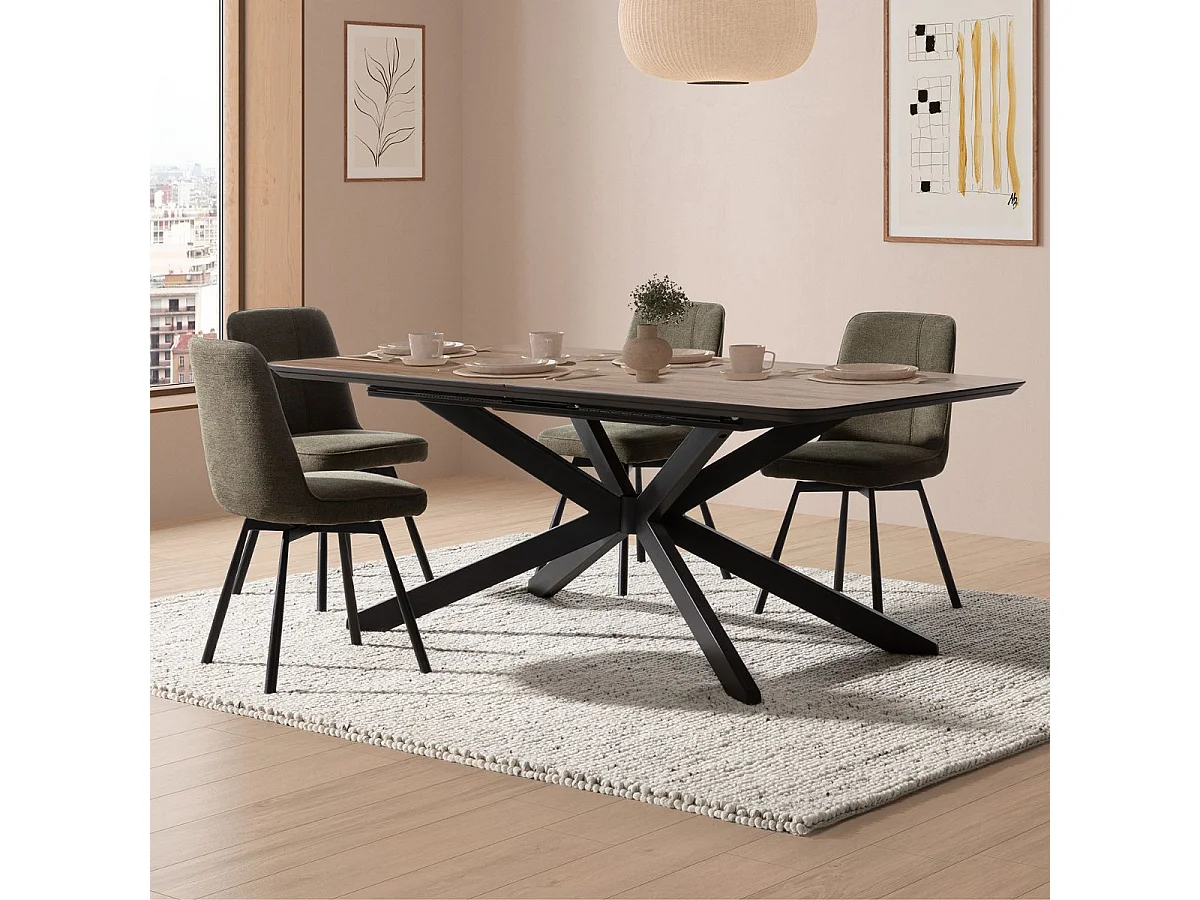 Lot de 4 chaises pivotantes tissu maillé vert surpiqûres décalées et pieds en métal noir - MICHAL